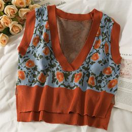 Waistcoats retro vintage vest Women gebreide trui vest mouwloze bloemenzijde gesplitste waistcoat herfst korte outdarnen chalecos para mujer