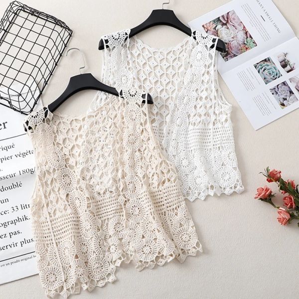 TingYiLi sans manches Crochet dentelle Cardigan femmes été vacances plage couverture gilet Style coréen évider blanc Beige haussement d'épaules haut