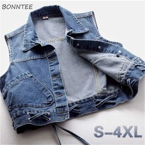 Gilets Gilets Femmes Streetwear 4XL Chic CrissCross Pocket Design Mode Ados Denim Outwear Sans Manches Vintage Femmes Veste Courte