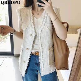 Vesten Vintage Tweed Vest Zak Dames Jas Gilet Blanc Mouwloze Vesten Koreaanse Stijl Knop Vest Chalecos Elegantes Para Mujer