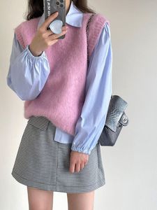 Gilets en tricot Mohair sans manches pour femmes, col rond, pull ample de couleur unie, coréen, nouvelle collection automne 2022