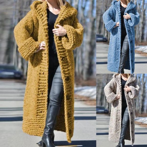 Chalecos Mujer Botones de invierno Trenza Torcido Cárdigan de punto Manga larga con capucha Longitud media Rebeca larga de punto Mujer Outwear Veste Ropa