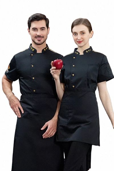 Serveur Restaurant Manches Baker Vêtements Manteau Chef Travail Court Femmes Noir Uniforme Veste Logo Cook T-shirt Hôtel A4UA #