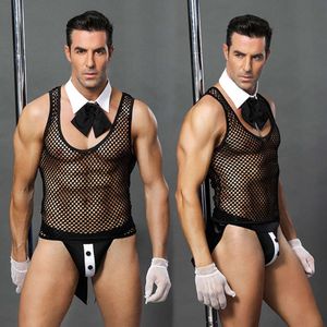 Uniforme de serveur Cosplay en maille noire pour hommes, ensemble de sous-vêtements, Lingerie érotique, Costumes Porno, tenues de jeu de rôle Sexy