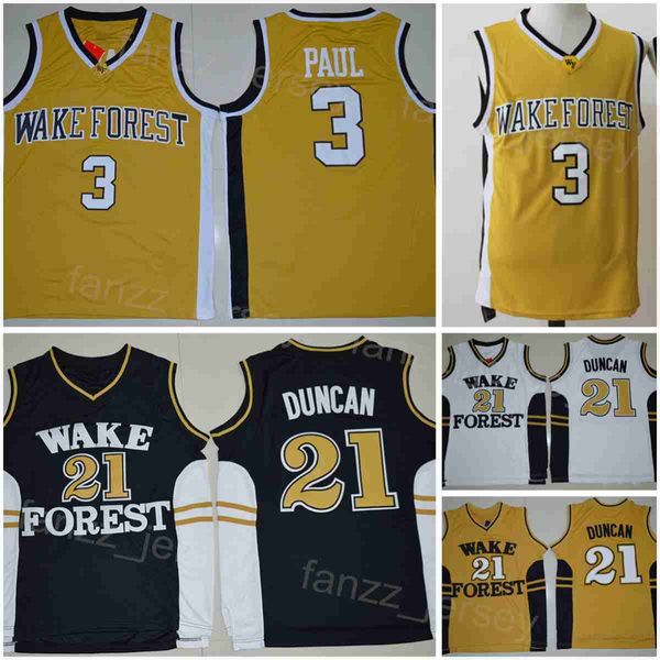 Wake Forest Demon Deacons Jerseys Baloncesto universitario Chris Paul 3 Tim Duncan 21 Camiseta universitaria Todo cosido Color del equipo Negro Blanco Amarillo Para fanáticos del deporte NCAA para hombres