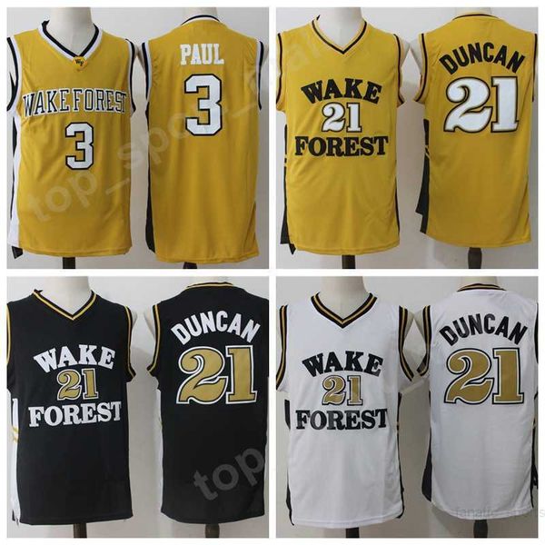 Wake Forest Demon Deacons Jerseys College Chris Paul 3 Tim Duncan 21 Basketball University Jerseys Hombres Equipo Negro Amarillo Blanco Calidad superior