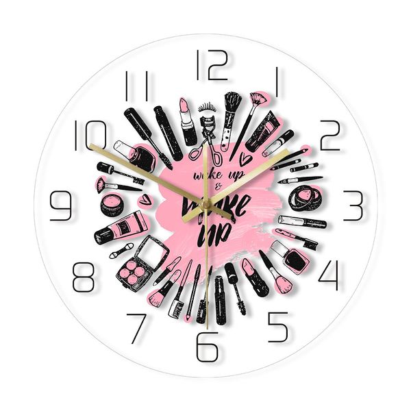 Wake Up Make Up Colección de cosméticos Reloj de pared moderno Salón de belleza Signo de pared de negocios Conjunto de maquillaje Reloj de pared de movimiento silencioso 201118