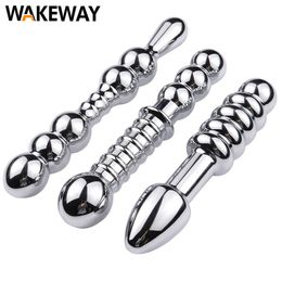 WAKEWAY-consolador de acero inoxidable para hombres y mujeres, estimulación Anal, tapón Anal de doble cabeza, masaje de próstata, juguetes sexys de Metal