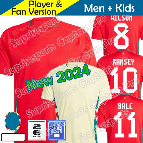 Pays de Galles 2024 Jersey de football Wilson Ramsey Bale Euro Cup Nouvelle 2025 Équipe nationale 24 25 Soccer Shirt Men Kids Kit complet Set Home Red Away Yellow Men's Uniforme Brooks Johnson 11