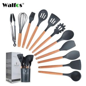 Walfos 12pcs ustensiles de cuisine en silicone ensemble spatule antiadhésive pelle manche en bois ensemble d'outils de cuisine avec boîte de rangement outil de cuisine 210326