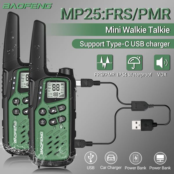 Walkie Talkie 2Pack Baofeng MP25 PMR4 FRS LARGO RANGO RECHO RECARGABLE Tipo C Mini con LCD Display Linterna Two Way Radio 230816
