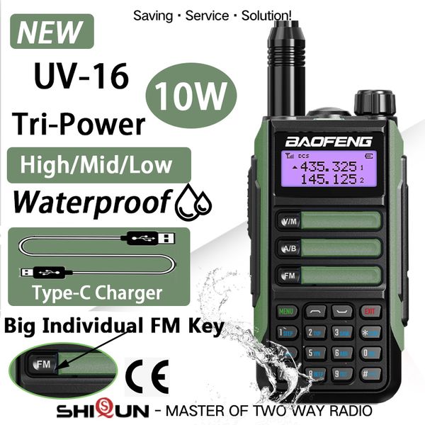 Walkie Talkie Baofeng UV 16 Plus Talkies Largo alcance 10KM Radio bidireccional impermeable 10W VHF UHF Banda UV 16 Pro USB Tipo C Actualización de UV 5R 230731