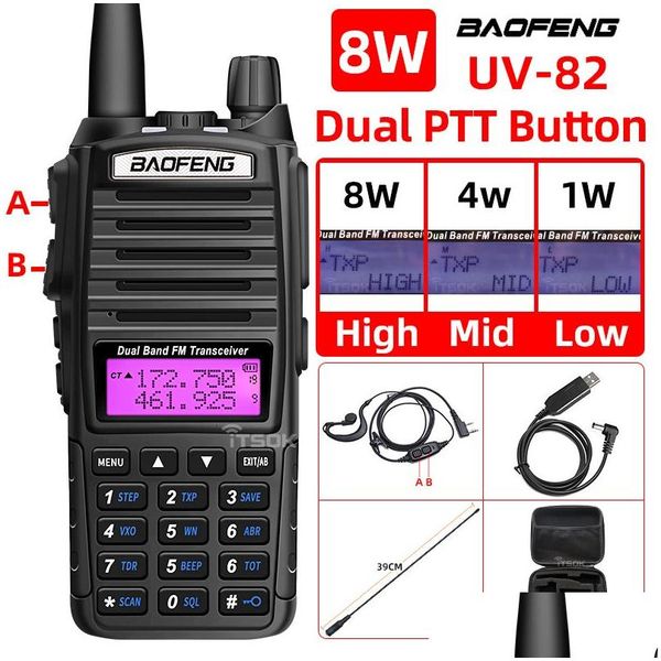 Talkie-walkie Baofeng UV 82 Réel 8W 5W Ham Radio Comunicador Double Ptt Longue Portée Bidirectionnelle Portable FM Amateur Stations CB Drop Delive Dhdzu