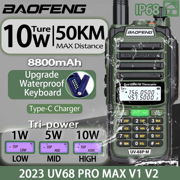 Walkie Talkie Baofeng UV68 Pro Max V2 10W IP68 impermeable de alta potencia CB Ham de largo alcance portátil Radio de dos vías caza 230830