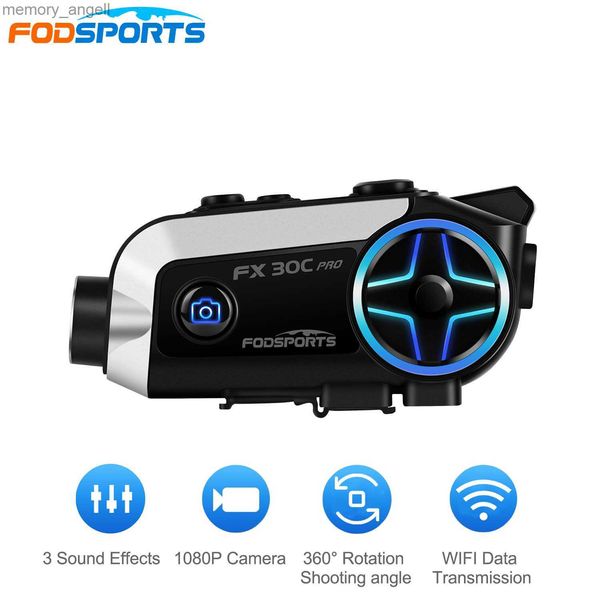 Walkie Talkie Fodsports FX30C Pro Intercomunicador de motocicleta para casco de motocicleta Auriculares 2 Rider Bluetooth 1080P Cámara HD WiFi Interfono de transferencia HKD230925