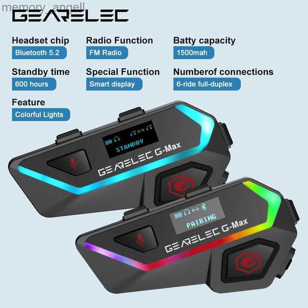 Talkie-walkie GEARELEC Casque d'interphone pour casque de moto 6 coureurs 2KM Communication interphone avec lumières IP67 Affichage intelligent Partage de musique HKD230925