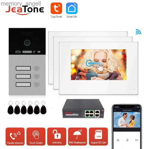 Talkie-walkie JEATONE SIP Système d'interphone vidéo multi-appartements pour 1/2/3/4 maison Interphone vidéo Tuya 7 pouces avec lecteur RFIC contrôle d'accès HKD230925