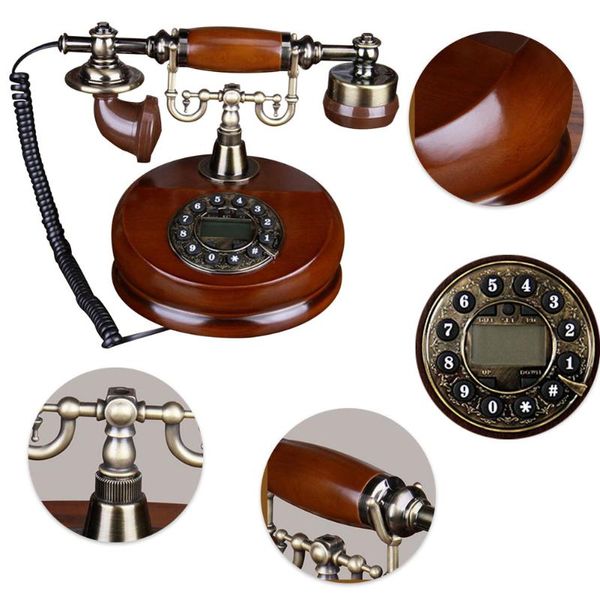 Talkie-walkie à cadran rotatif, téléphone classique en bois rétro Antique avec cloche en métal, fonction de recomposition mains libres pour la décoration de la maison