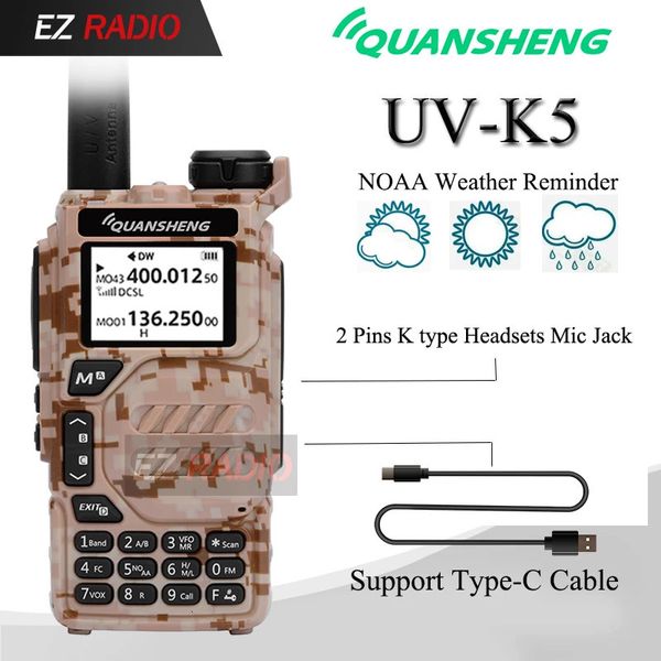 Walkie Talkie Walkie Talkie UV K5 Quansheng Radio bidireccional Camuflaje del desierto 5W Banda aérea UHF VHF DTMF FM Scrambler Copia inalámbrica Cargador USB-C 231018