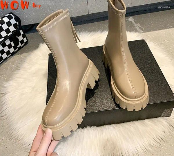 Zapatos para caminar 2024 Plataforma Botas largas PU Cuero Ladies Caballero Caballero grueso Flats Fashion Winter High Heel Knee-High