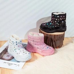 Chaussures de marche en cuir à la mode, bottes de neige longues en peluche pour enfants, filles et garçons, en coton, chaudes pour bébé