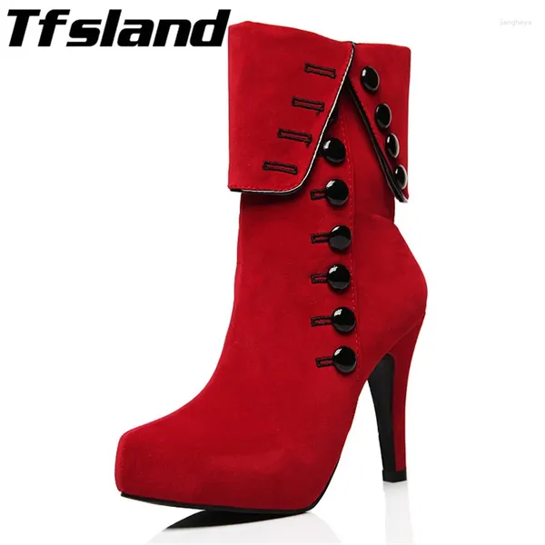 Chaussures de marche Tfsland Femmes Bottes 2024 Bouton rouge Fourrure Daim Cuir Cheville Talons Hauts Botas Femininos Baskets