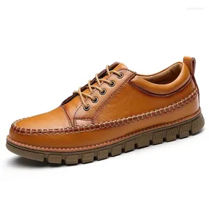 Chaussures de marche Vintage en cuir véritable pour hommes, baskets basses à lacets, couture faite à la main, pour Sport de plein air, Camping, pêche