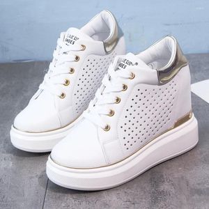 Chaussures de marche baskets compensées femmes hauteur augmentant sport 12CM haute plate-forme blanc respirant voyage