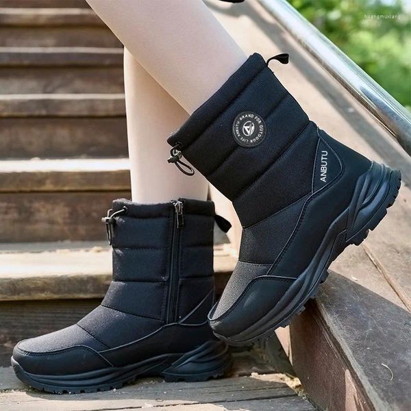 Chaussures de marche bottes de neige pour femmes à enfiler grande taille mi-tube décontracté coton polaire et épais chaud