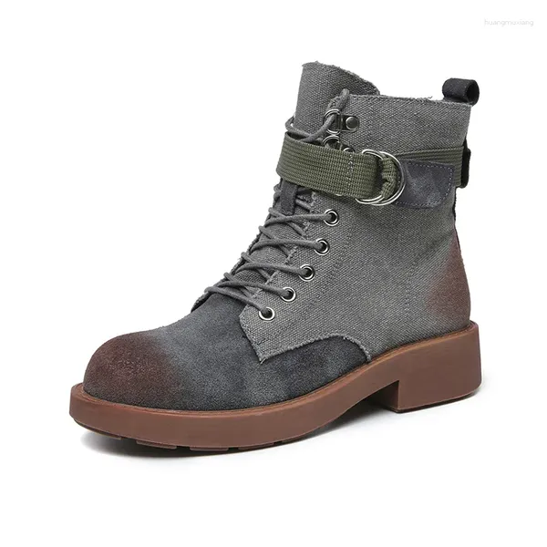 Zapatos para caminar Botas de combate de trabajo para mujer Diseño de cremallera con cordones Moda Tacón bajo Senderismo Punta redonda Lona Tobillo superior Botines