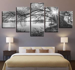 Arte de la pared, 5 piezas, cuadros en lienzo para el salón, marco de póster, pinturas de árboles grandes junto al lago, paisaje blanco y negro, decoración del hogar 4806019