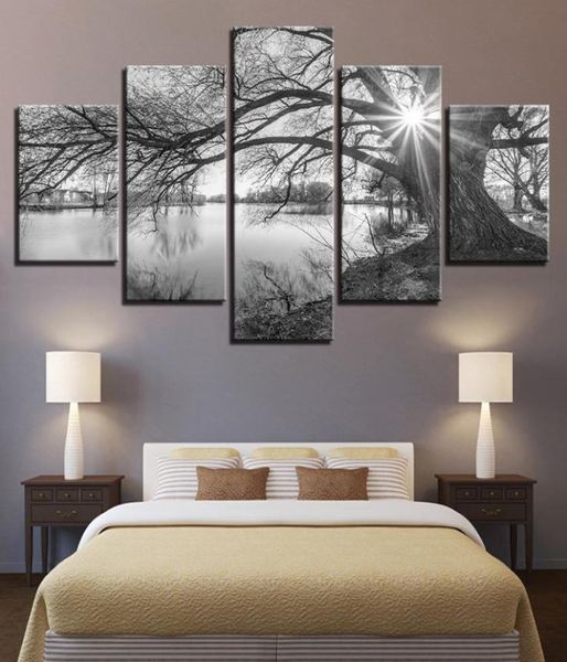 Art mural 5 pièces Pictures de toile pour le salon Affiche Framework Lakeside Big Trees peintures noir blanc paysage décor 9151742