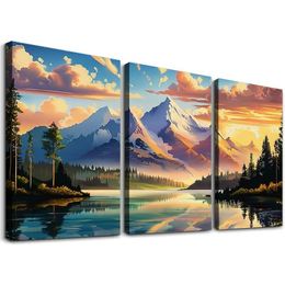 Toile d'art mural pour chambre.Sunset Serene Sund Majesté Un rendez-vous numérique avec la tranquillité de montagne, 12''X16'''X3 Panels