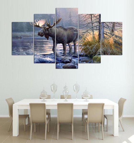 Toile d'art mural abstraite pour salon, 5 panneaux, images de paysage de lac d'animaux, décoration de maison, peintures imprimées HD modernes 5751724