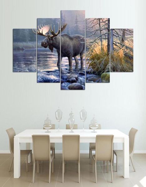 Mur d'art mural salon abstract 5 panneau animal Lake paysage images de pays à la maison peintures modernes HD imprimées4778050