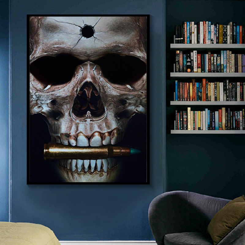 Wall Art Canvas Painting Abstract Black Skull met Bullet Moderne posters en prints Wall Picture voor woonkamer Home Decoratie