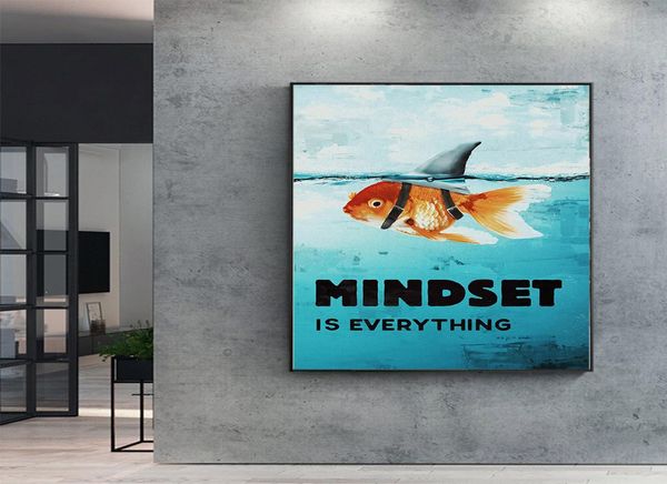 Cuadro sobre lienzo para pared, decoración del hogar impresa, la mentalidad es todo, imágenes de peces de tiburón, póster nórdico motivacional para sala de estar 3087908