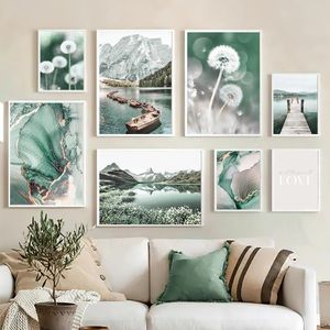 Wall Art Canvas Painting Summer Green Lake Boat Dandelion Flower Abstract Noordse posters en prints Home Decor Pictures Salon Frameless