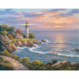 Toile d'art mural, peinture à l'huile sur coucher de soleil à Point de phare, paysages marins peints à la main, belles illustrations de paysage pour décoration de maison, 2465