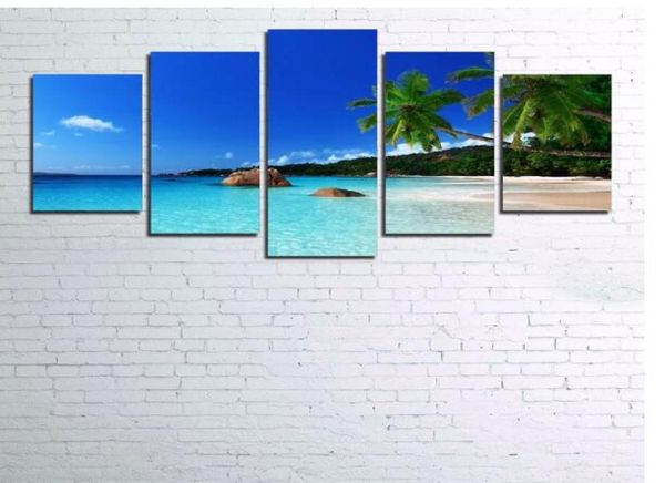Decoración de arte de pared marco de la sala de estar 5 piezas Palmeras de agua de mar