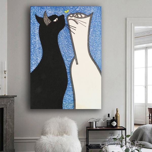 Décoration murale avec chats et papillons noirs et blancs, image de dessin animé pour salon, chambre d'enfants, impression sur toile, affiche, décor de chambre