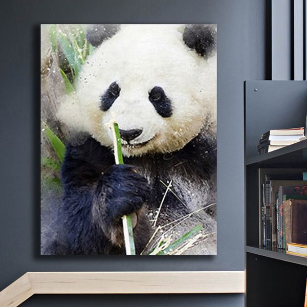 Arte de la pared decoración pintura impresa en lienzo negro blanco Panda comer bambú para sala de estar hogar póster sin marco