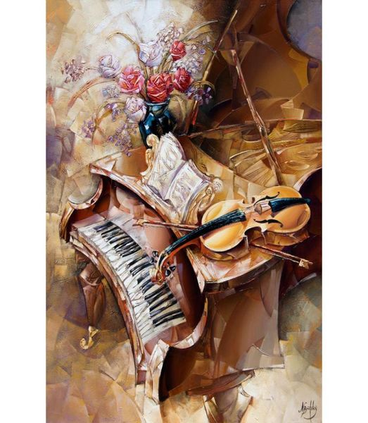 Arte de la pared pintado a mano piano de cola y violín lienzo pintura al óleo abstracta imagen de mujer para decoración de oficina Gift8604865