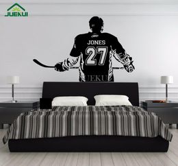 Arte de pared, jugador de Hockey sobre hielo grande, nombre y número de Jersey personalizado, pegatina de vinilo para pared, decoración para dormitorio de niños, gimnasio, Mural deportivo 9925759