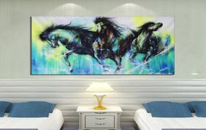 Arte de la pared, pintura al óleo abstracta sin marco, tres caballos azules corriendo, lienzo equino Animal puro hecho a mano, decoración del hogar 5287065