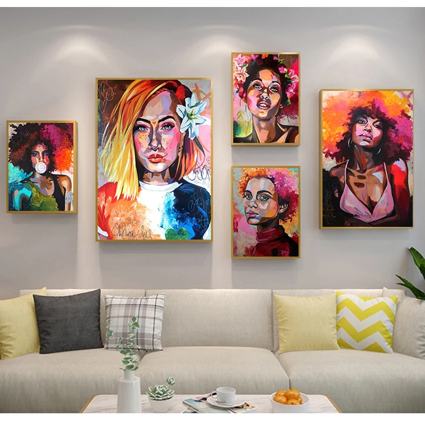 Imagem da arte da parede para decoração da sala de estar preto branca africana mulher cuadros pinturas e impressões scandinavian woo