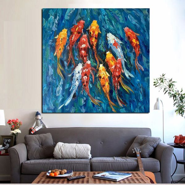 Imagen de arte de pared, pintura al óleo de paisaje abstracto chino tradicional, impresión de nueve peces Koi en lienzo, póster para decoración para sala de estar