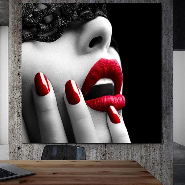 Pósteres e impresiones artísticos de pared para mujer, pintura en lienzo de labios y uñas rojas, arte de pared para sala de estar, decoración moderna 262O