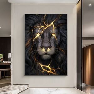 Pósteres artísticos de pared, pintura en lienzo de León con luz negra y dorada, imagen de Animal moderna para decoración del hogar, sala de estar, sin marco