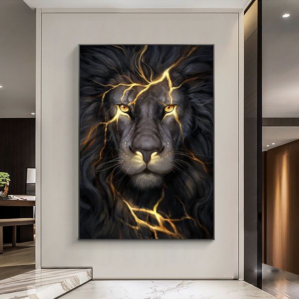 Affiches d'art mural noir et doré, peinture sur toile de Lion clair, image d'animal moderne pour salon, décoration de la maison, sans cadre